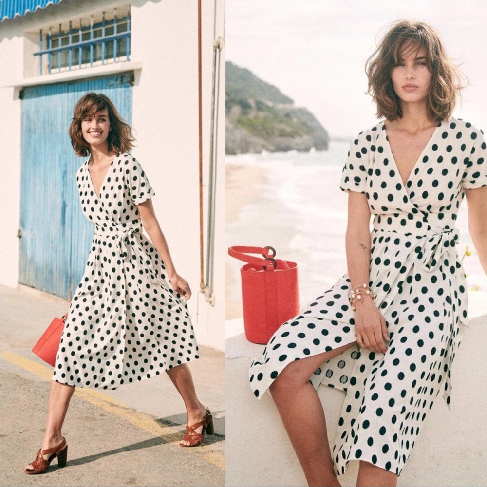 SEZANE Marielle Polkadots Embroidered Warp Midi Dress SZ:38/6